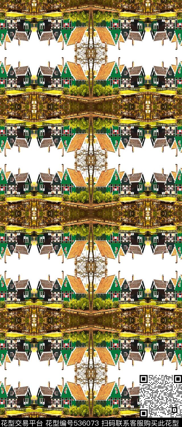 荷兰风格唯美木屋 - 536073 - 抽象 大牌 建筑 - 数码印花花型 － 女装花型设计 － 瓦栏