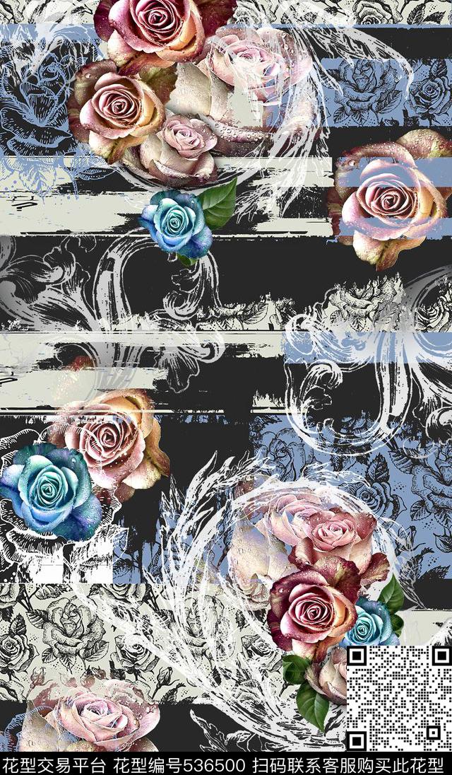 玫瑰 - 536500 - 时尚 玫瑰 几何 - 数码印花花型 － 女装花型设计 － 瓦栏