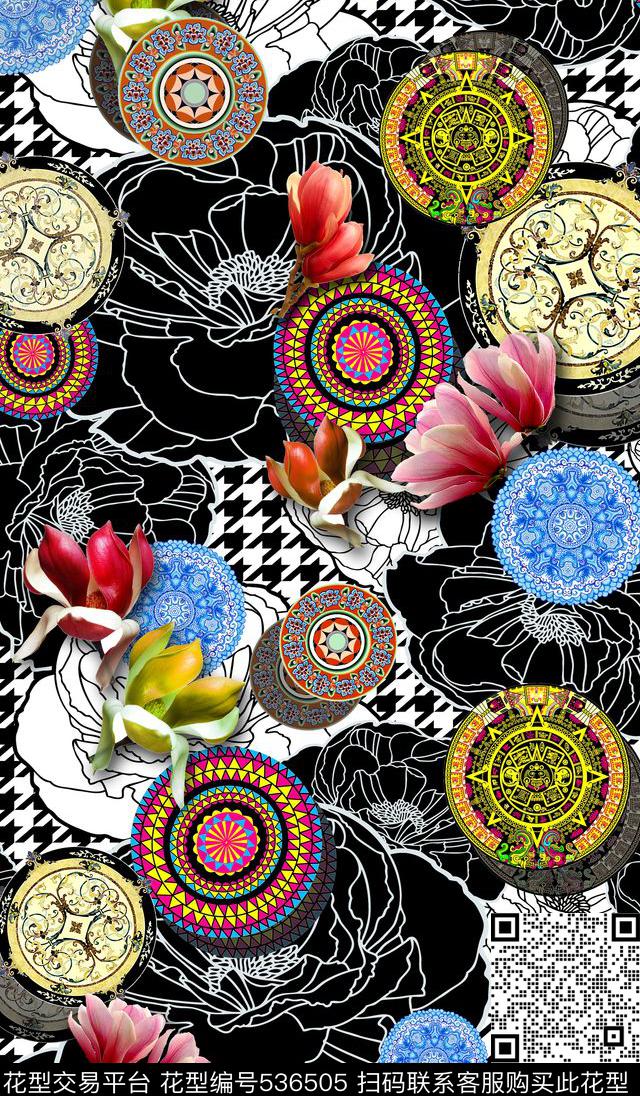 木兰花 - 536505 - 流行 木兰花 圆盘 - 数码印花花型 － 女装花型设计 － 瓦栏