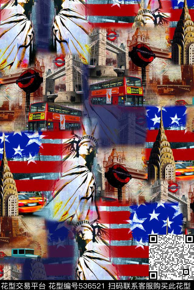 经典深蓝USA美国国旗自由女神笔触感 - 536521 - 深蓝 国旗 自由女神 - 数码印花花型 － 女装花型设计 － 瓦栏