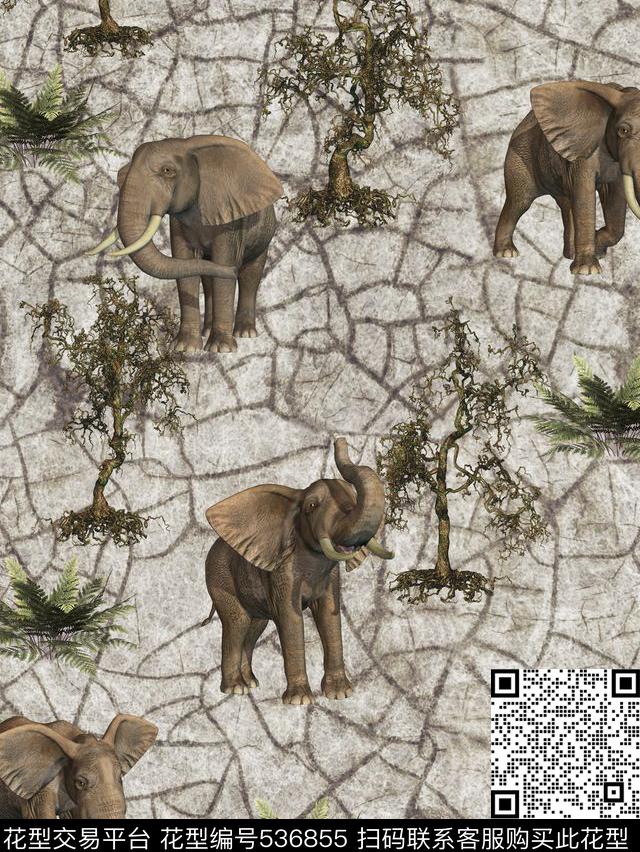 复古 枯树 大象 草 裂开的土地 爱护自然系列 - 536855 - 草 大象 服装 - 数码印花花型 － 沙发布花型设计 － 瓦栏