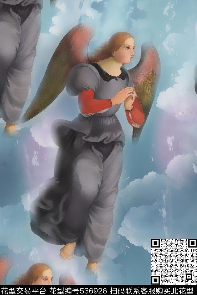 天使系列 - 536926 - 欧式 天空 天使 - 数码印花花型 － 女装花型设计 － 瓦栏