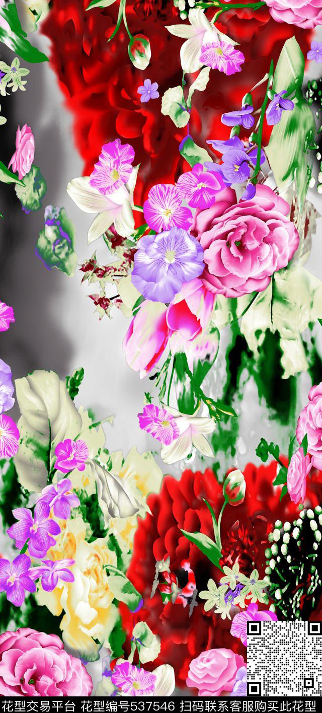 花卉 - 537546 - 花卉 现代 组合 - 数码印花花型 － 女装花型设计 － 瓦栏