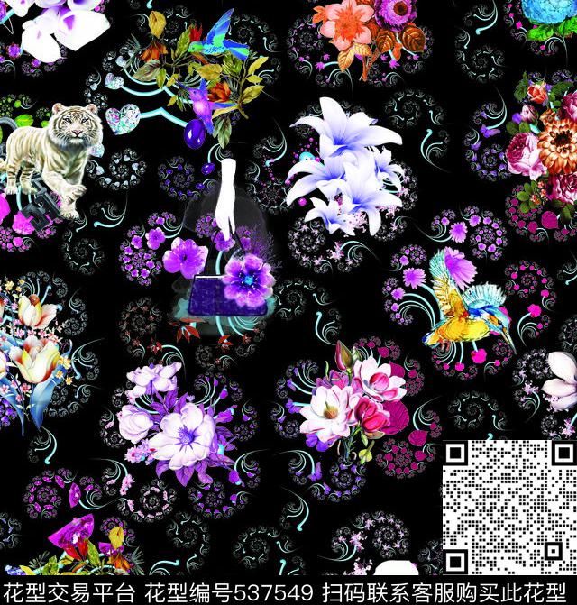 国风手绘花动物 - 537549 - 中国 动物植物 乱规则 - 数码印花花型 － 女装花型设计 － 瓦栏