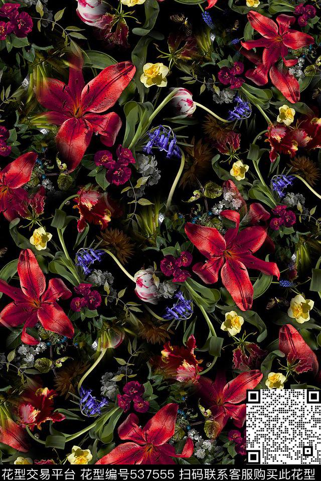 黑色花园 - 537555 - 花卉 油画 田园 - 数码印花花型 － 女装花型设计 － 瓦栏