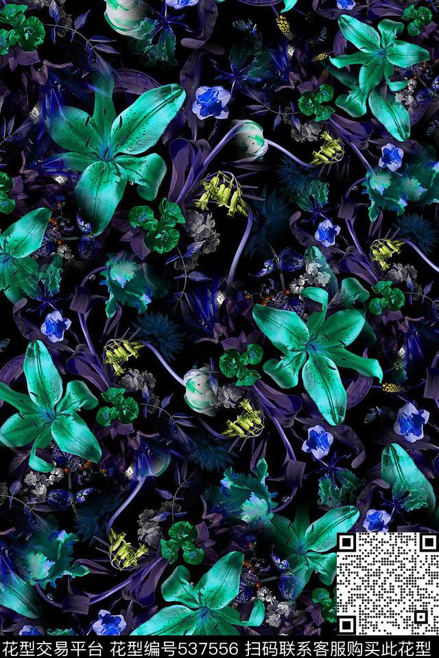 黑色花园 - 537556 - 花卉 油画 田园 - 数码印花花型 － 女装花型设计 － 瓦栏