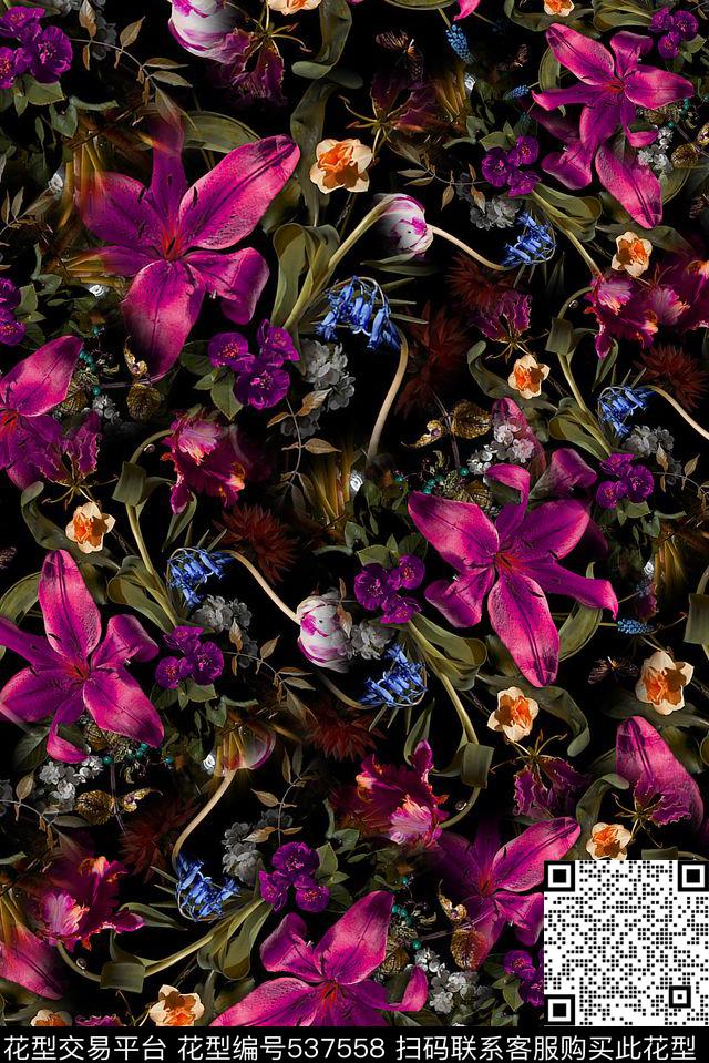 黑色花园 - 537558 - 花卉 油画 田园 - 数码印花花型 － 女装花型设计 － 瓦栏