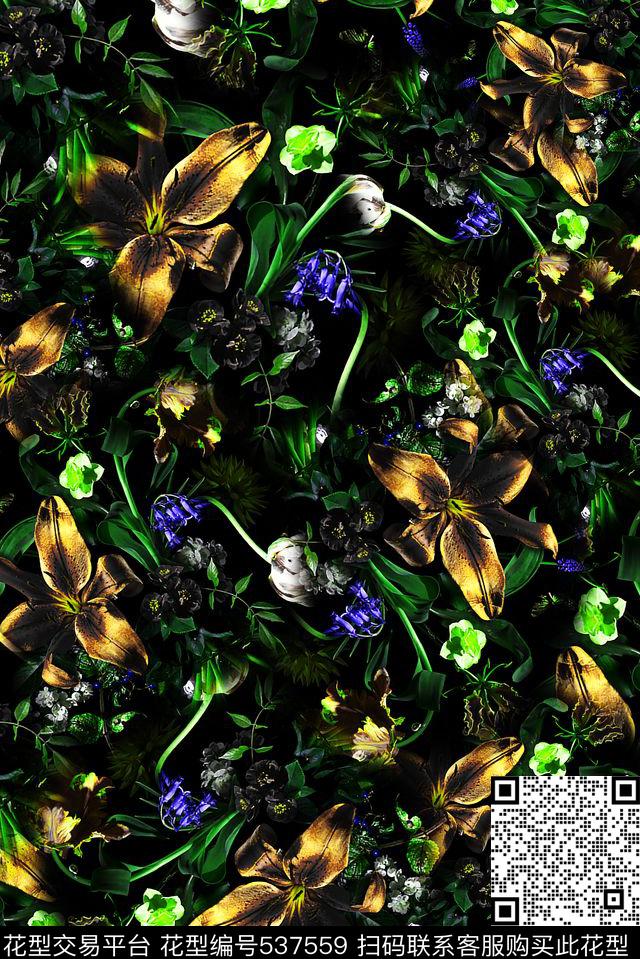 黑色花园 - 537559 - 花卉 油画 田园 - 数码印花花型 － 女装花型设计 － 瓦栏