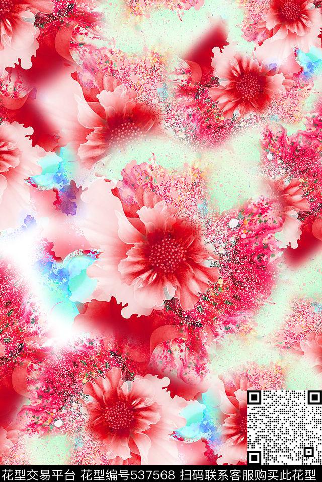氧化水彩花卉 - 537568 - 花卉 水彩 手绘 - 数码印花花型 － 女装花型设计 － 瓦栏
