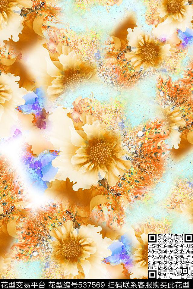氧化水彩花卉 - 537569 - 花卉 水彩 手绘 - 数码印花花型 － 女装花型设计 － 瓦栏