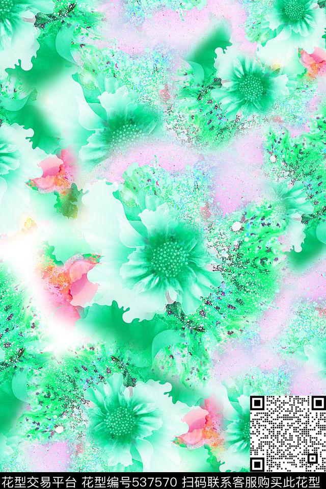 氧化水彩花卉 - 537570 - 花卉 水彩 手绘 - 数码印花花型 － 女装花型设计 － 瓦栏