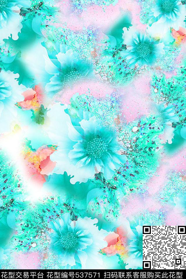 氧化水彩花卉 - 537571 - 花卉 水彩 手绘 - 数码印花花型 － 女装花型设计 － 瓦栏