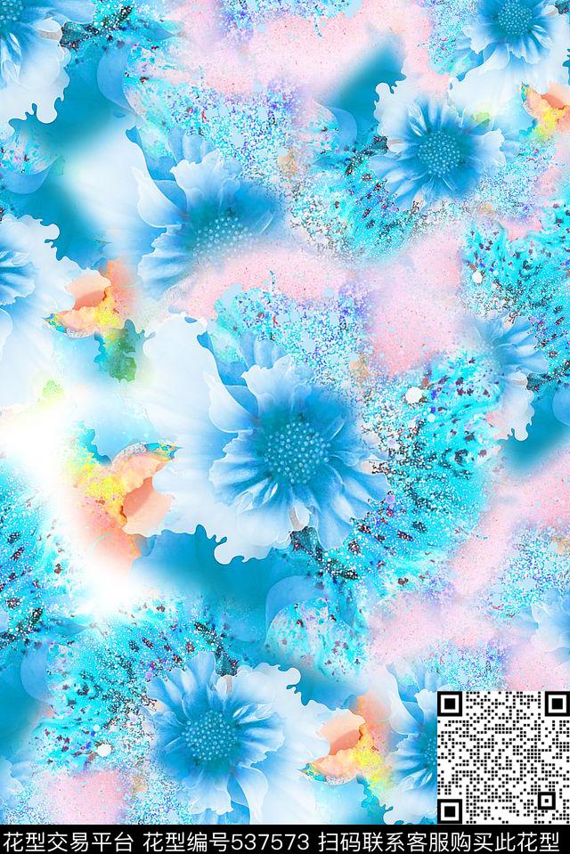 氧化水彩花卉 - 537573 - 花卉 水彩 手绘 - 数码印花花型 － 女装花型设计 － 瓦栏