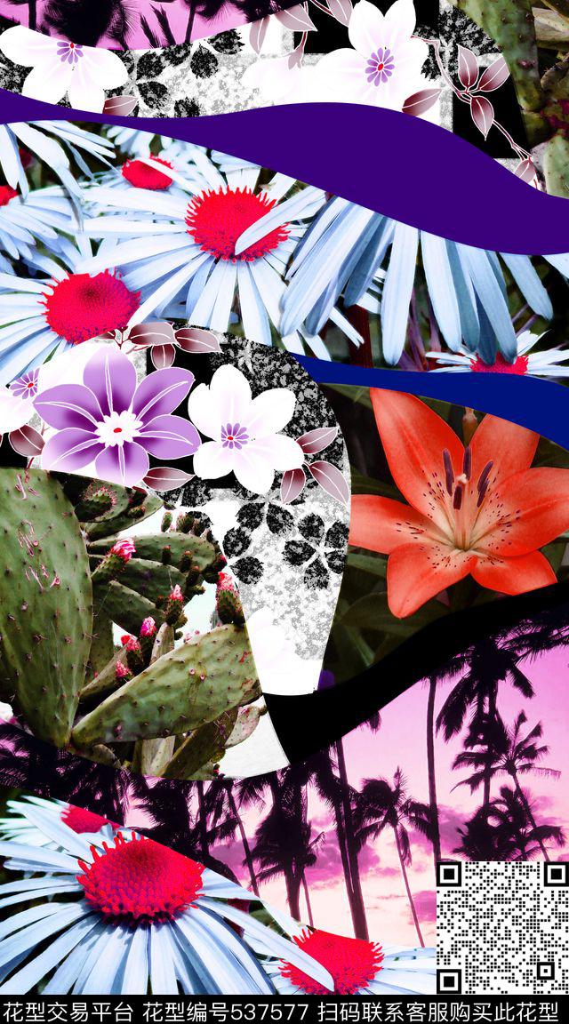 大牌独幅元素拼接组合 - 537577 - 拼接 矢量花卉、仙人掌、椰树林、风景、色块 破碎概念 - 数码印花花型 － 女装花型设计 － 瓦栏