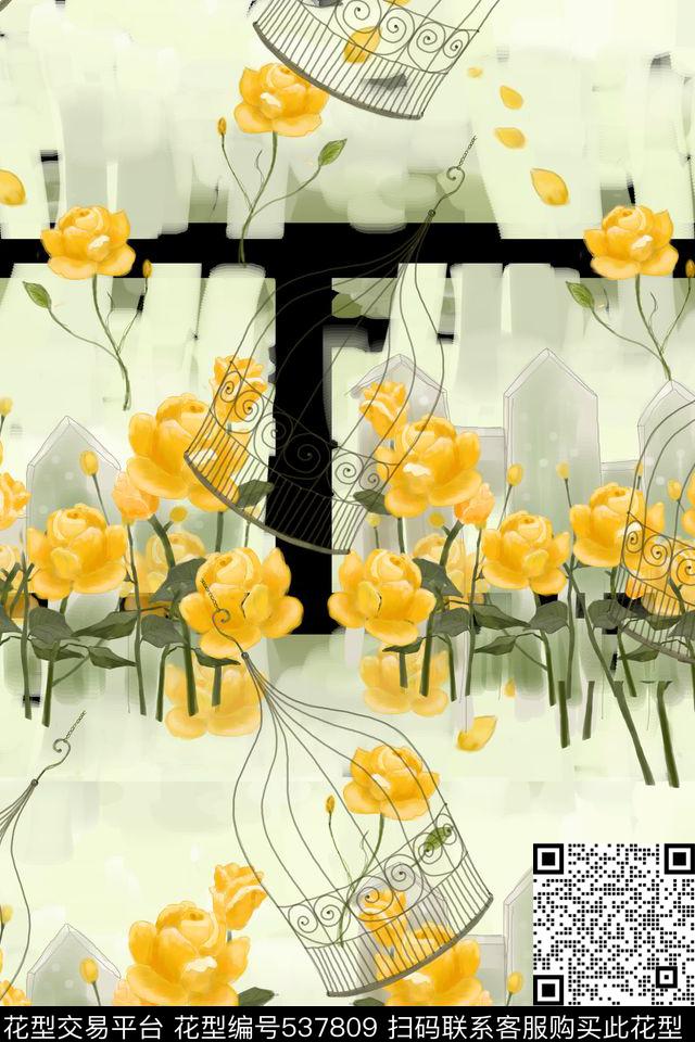 欧款鸟笼小黄花印花 - 537809 - 欧款 鸟笼 黄玫瑰 - 数码印花花型 － 女装花型设计 － 瓦栏