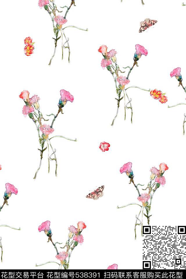 手绘清新花卉蝴蝶组合 - 538391 - 小清新 手绘花卉 蝴蝶 - 数码印花花型 － 女装花型设计 － 瓦栏