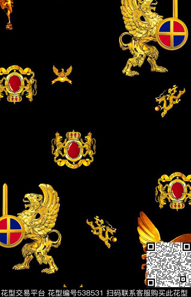 欧式大牌贵族男装夹克类花型 - 538531 - 大牌贵族 黑底 金色 - 数码印花花型 － 女装花型设计 － 瓦栏