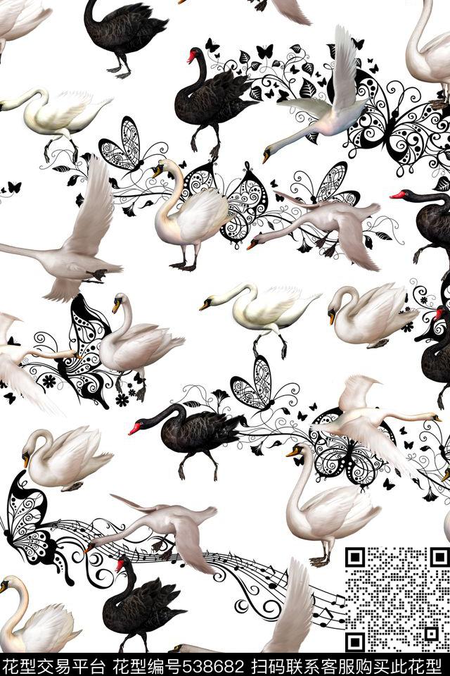 飞翔的梦想 - 538682 - 天鹅 蕾丝蝴蝶 音符 - 数码印花花型 － 女装花型设计 － 瓦栏