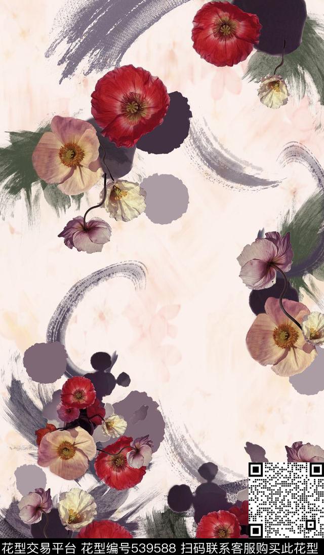 水中花 - 539588 - 手绘花 水墨 中国风 - 数码印花花型 － 女装花型设计 － 瓦栏