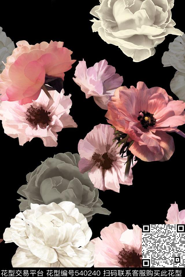 手绘花卉系列3 - 540240 - 手绘花卉 四方连续 女装 - 数码印花花型 － 女装花型设计 － 瓦栏