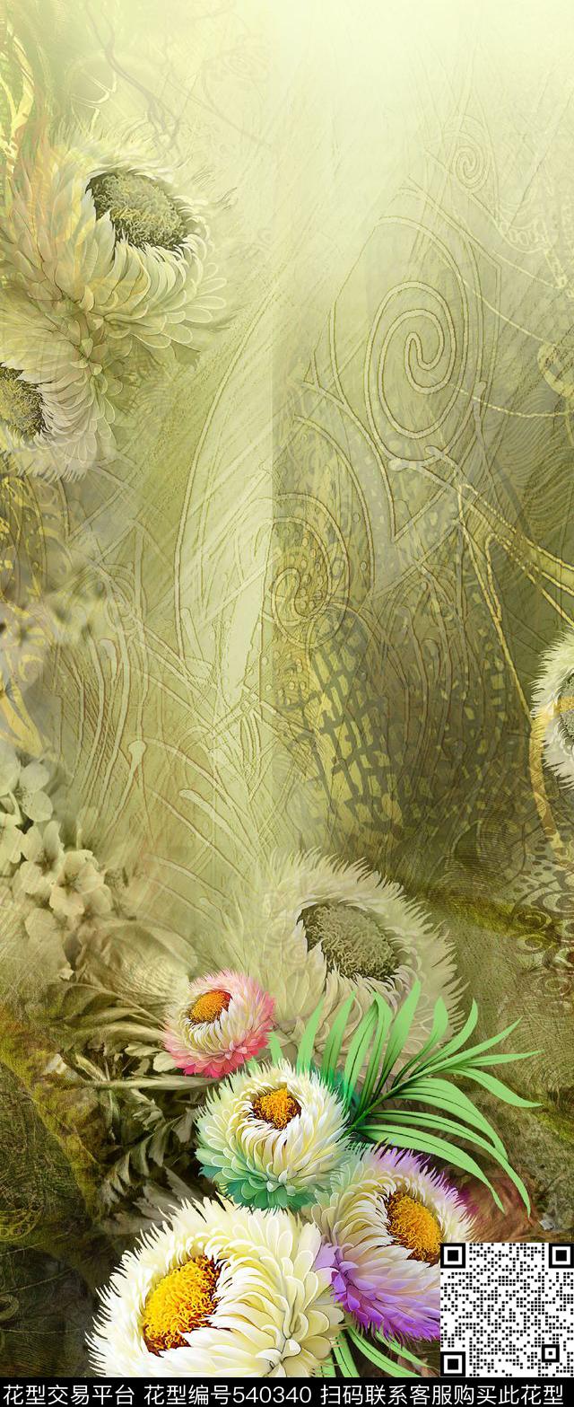 旗袍花卉 - 540340 - 花卉 旗袍 腰果底纹 - 数码印花花型 － 女装花型设计 － 瓦栏
