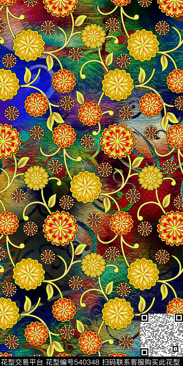 缤纷花卉 - 540348 - 肌理背景 简洁 矢量花卉 - 数码印花花型 － 女装花型设计 － 瓦栏