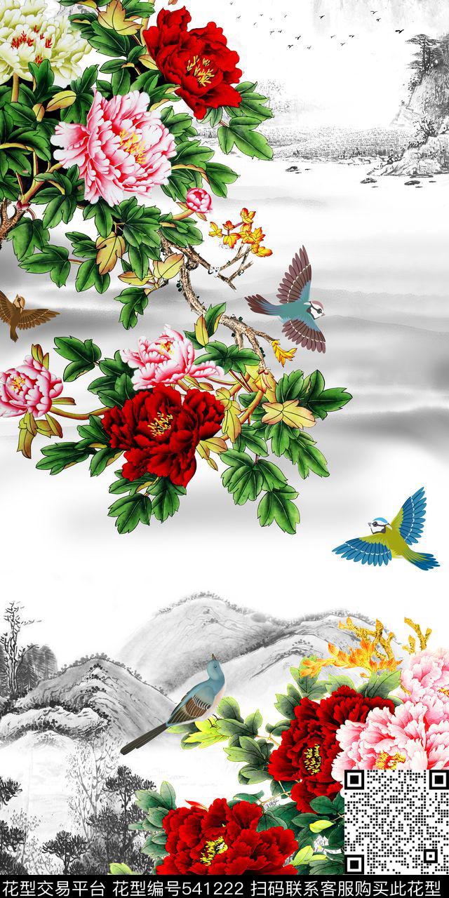 手绘牡丹写意国画花鸟  - 541222 - 浪漫花卉 国画 定位 - 数码印花花型 － 女装花型设计 － 瓦栏
