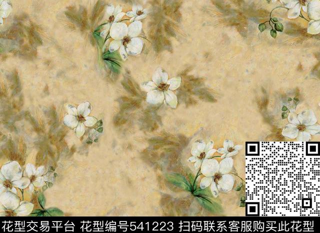 手绘水彩花叶磨砂底 - 541223 - 抽象 花 叶子 - 数码印花花型 － 女装花型设计 － 瓦栏