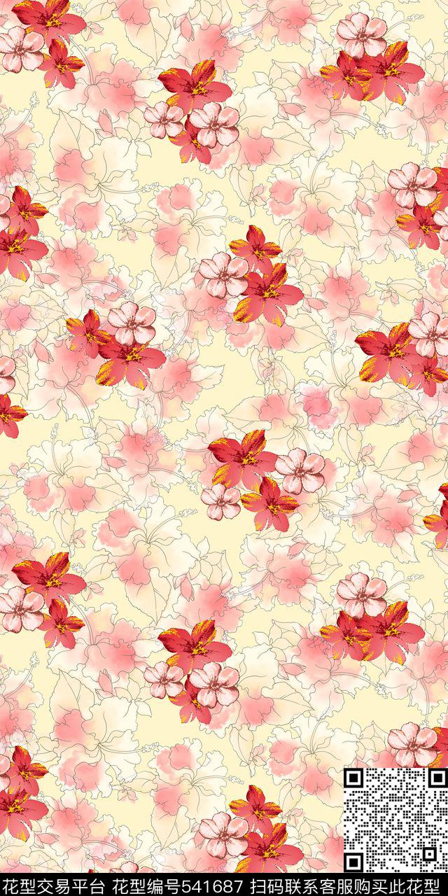 花卉  线条 云纹 - 541687 - 花卉  线条 云纹 - 传统印花花型 － 女装花型设计 － 瓦栏