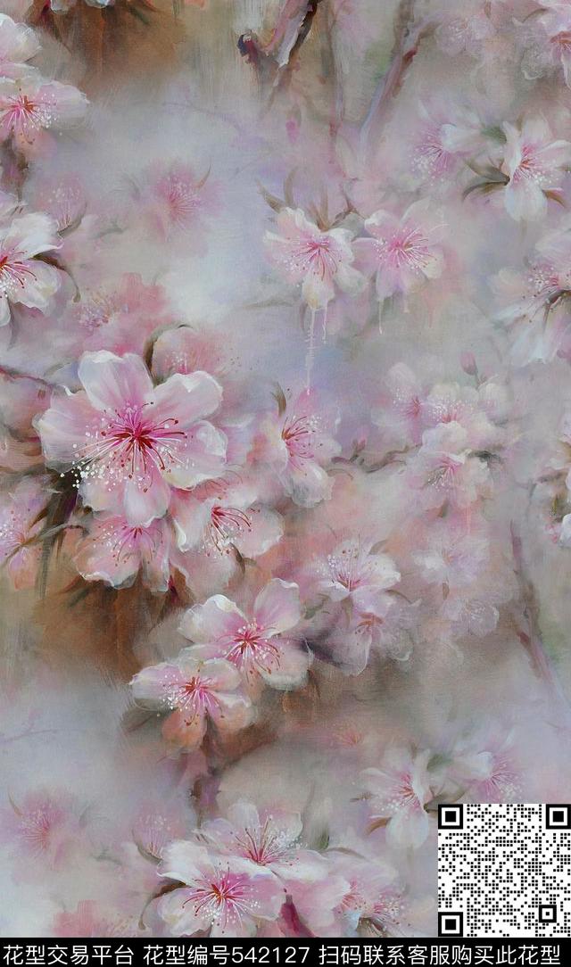 大牌桃花花型 - 542127 - 桃花 油画 中国风 - 数码印花花型 － 女装花型设计 － 瓦栏