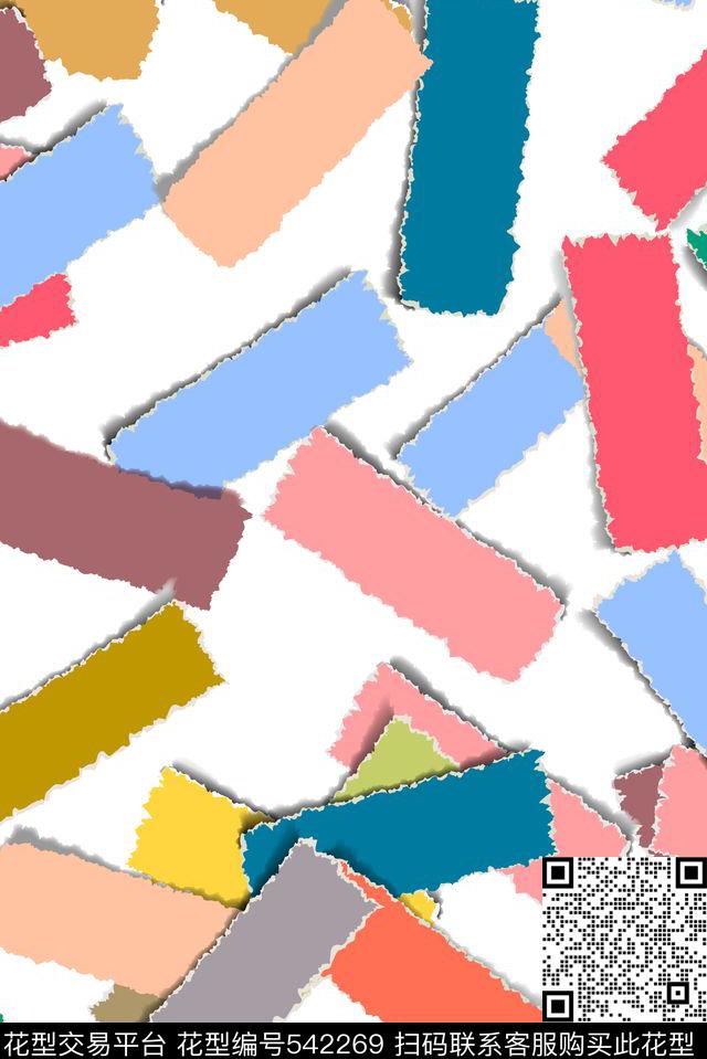 个性白底几何色块 - 542269 - 专色底 几何色块 几何 - 数码印花花型 － 女装花型设计 － 瓦栏