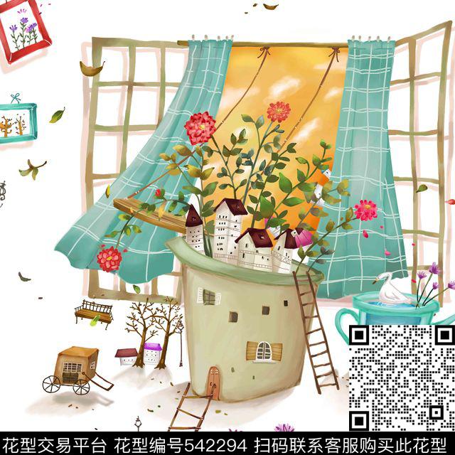 可爱水彩卡通沙发布 - 542294 - 流行时尚 卡通 水彩 - 数码印花花型 － 沙发布花型设计 － 瓦栏