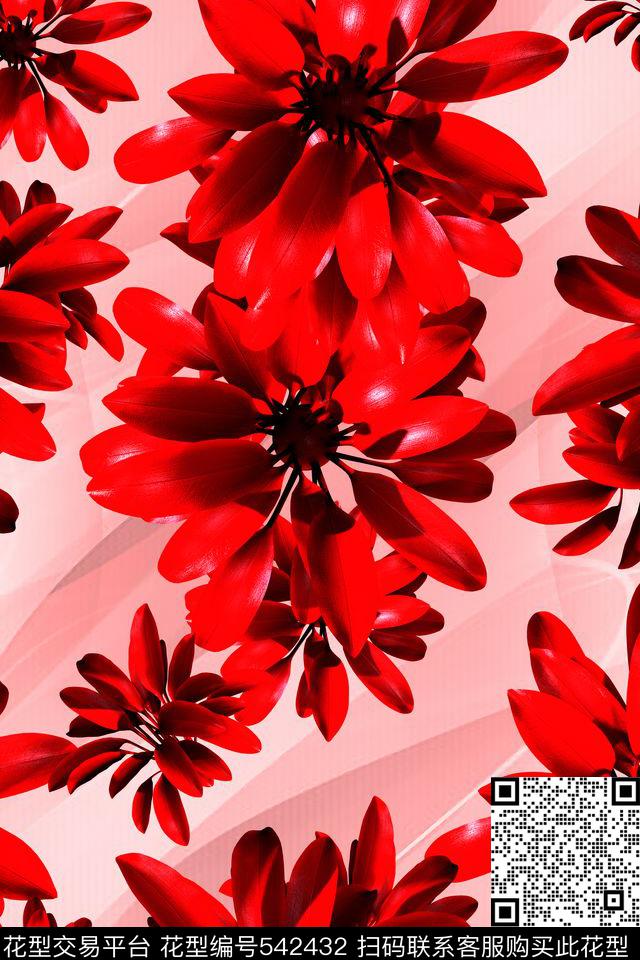 超清红色大花 - 542432 - 花卉 时装 家纺 - 数码印花花型 － 女装花型设计 － 瓦栏