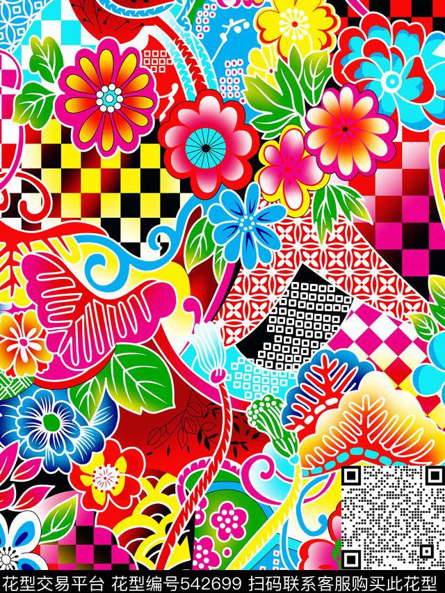 flowers - 542699 - design textiles printing - 传统印花花型 － 床品花型设计 － 瓦栏