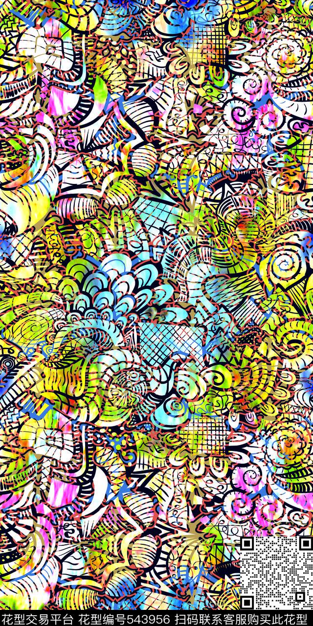 抽象 彩色 几何 线条手绘 古典花纹 民族风波西米亚风 - 543956 - 抽象 抽象 彩色 几何 线条手绘 古典花纹 民族风波西米亚风 休闲 - 数码印花花型 － 长巾花型设计 － 瓦栏