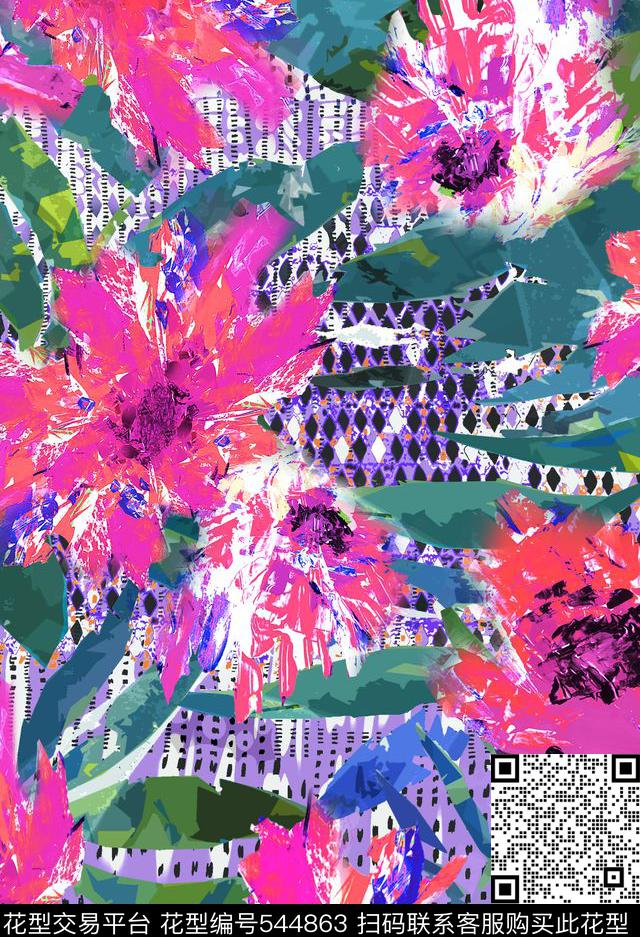 抽象花卉几何底 - 544863 - 数码花 抽象花卉 几何底 - 数码印花花型 － 女装花型设计 － 瓦栏
