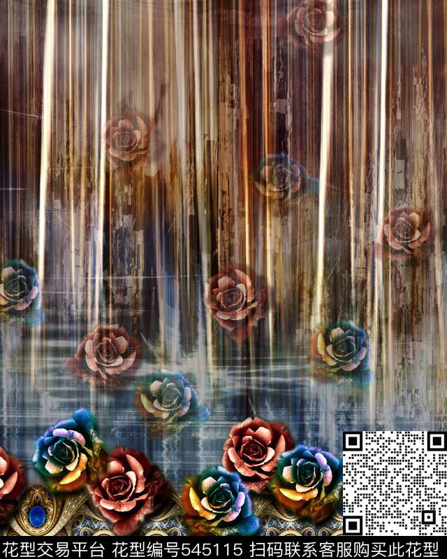 抽象炫彩花卉短装定位 - 545115 - 炫彩花卉 抽象几何纹样 短装定位 - 数码印花花型 － 女装花型设计 － 瓦栏