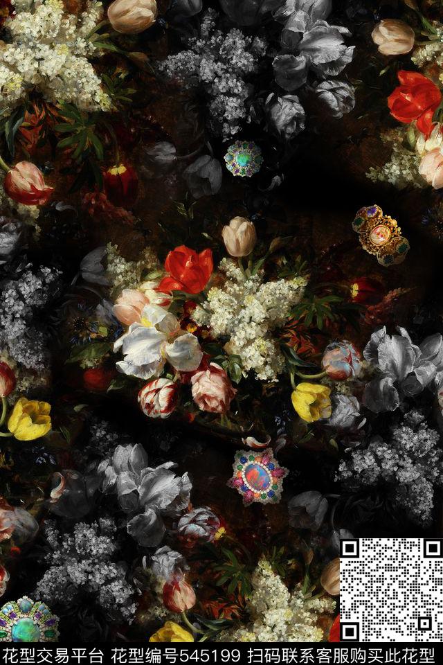 大气黑底珠宝油画花卉组合 - 545199 - 欧式 油画 珠宝 - 数码印花花型 － 女装花型设计 － 瓦栏