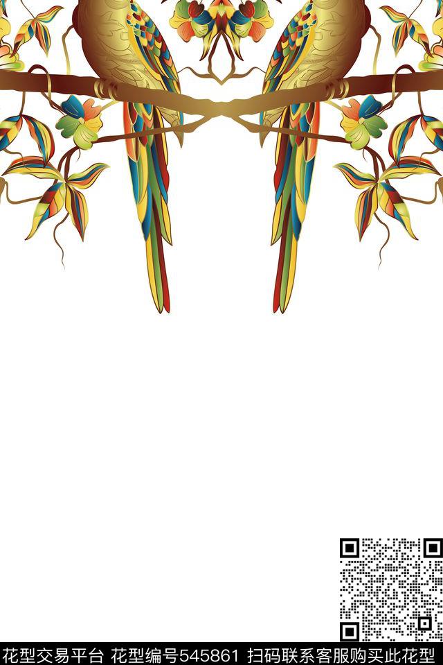定位女装彩色轮廓树叶鹦鹉 - 545861 - 定位女装彩色轮廓树叶鹦鹉 女装彩色轮廓树叶鹦鹉 动物花型动物纹 - 传统印花花型 － 女装花型设计 － 瓦栏