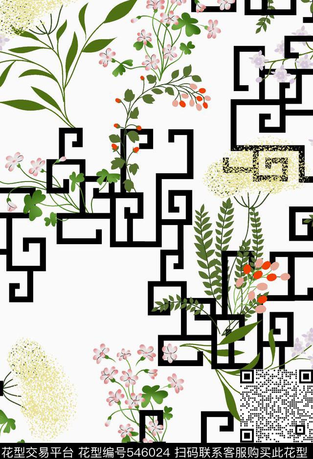 中式窗格与花朵相结合 - 546024 - 窗 花卉 中式 - 传统印花花型 － 女装花型设计 － 瓦栏