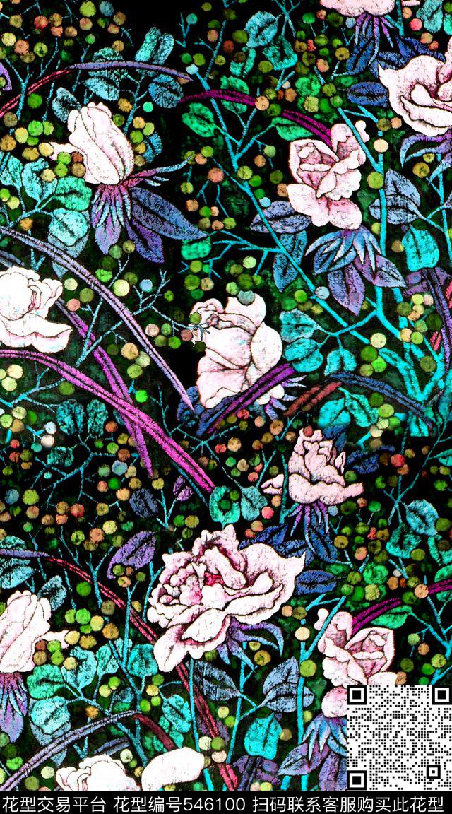 黑底手绘花卉 - 546100 - 个性 花卉 手绘 - 数码印花花型 － 女装花型设计 － 瓦栏