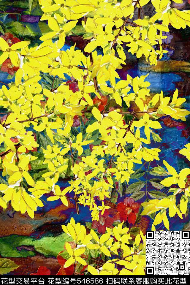 欧美风抽象油墨黄色小花卉 - 546586 - 欧美风 抽象几何 时尚花卉 - 数码印花花型 － 女装花型设计 － 瓦栏