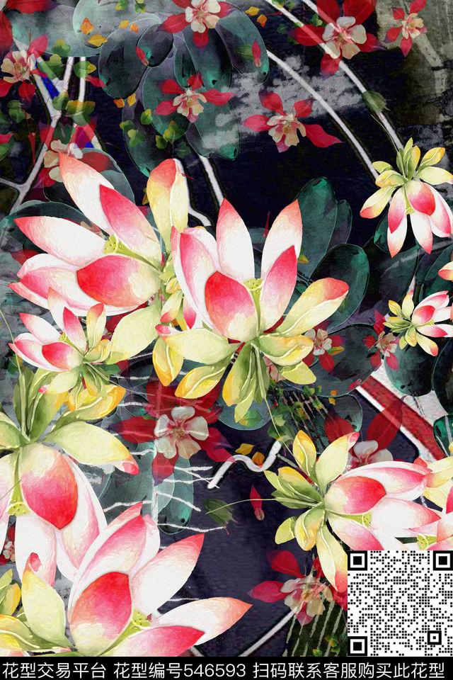 中国风油墨抽象渐变红白花卉 - 546593 - 中国风 抽象几何 渐变 - 数码印花花型 － 女装花型设计 － 瓦栏