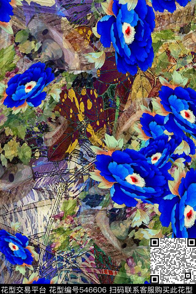 时尚欧美风冷色调蓝色花卉 - 546606 - 欧美风 抽象几何 蓝色花卉 - 数码印花花型 － 女装花型设计 － 瓦栏