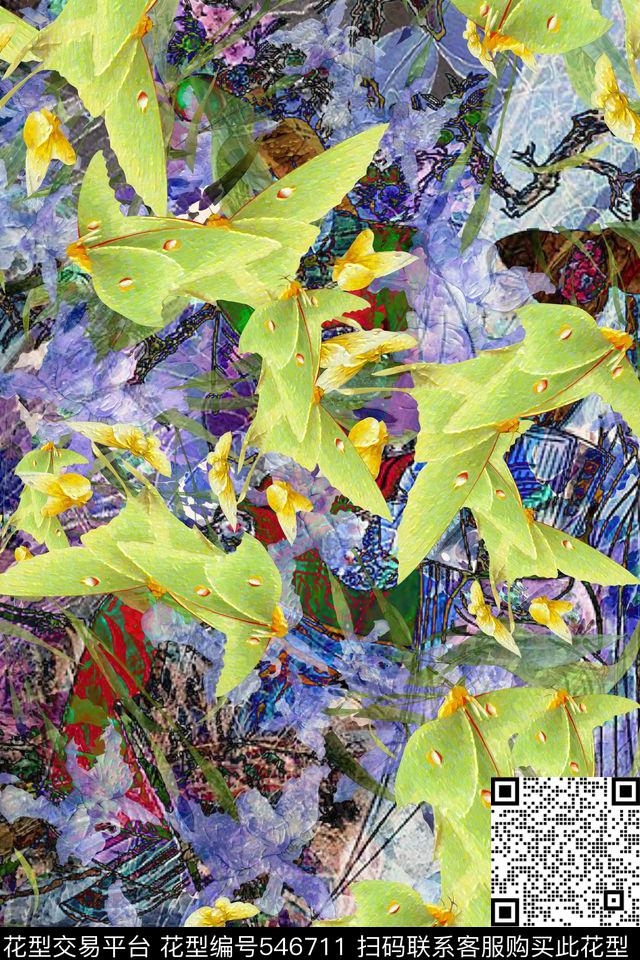 时尚欧美风油墨抽象几何浅黄色花卉 - 546711 - 欧美风 抽象几何 时尚 - 数码印花花型 － 女装花型设计 － 瓦栏