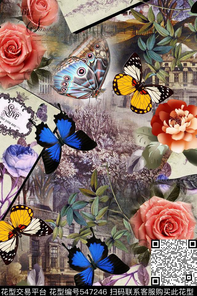 家纺花型1 - 547246 - 花卉蝴蝶抽象纹 时尚 典雅 - 数码印花花型 － 沙发布花型设计 － 瓦栏