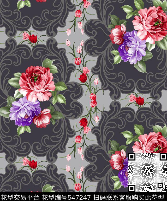 家纺花型2 - 547247 - 复古 优雅 花卉 卷叶草纹 - 传统印花花型 － 沙发布花型设计 － 瓦栏