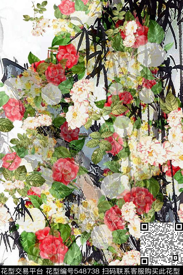 中国水墨元素运用高清印花 - 548738 - 写意 花卉 连衣裙T恤 - 数码印花花型 － 女装花型设计 － 瓦栏