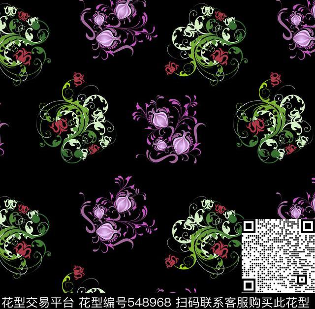 好看花朵 - 548968 - 黑底花 花 花卉 - 传统印花花型 － 其他花型设计 － 瓦栏