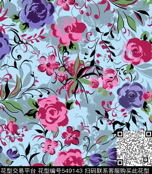时尚花卉 - 549143 - 花朵 时尚花满幅 - 传统印花花型 － 女装花型设计 － 瓦栏